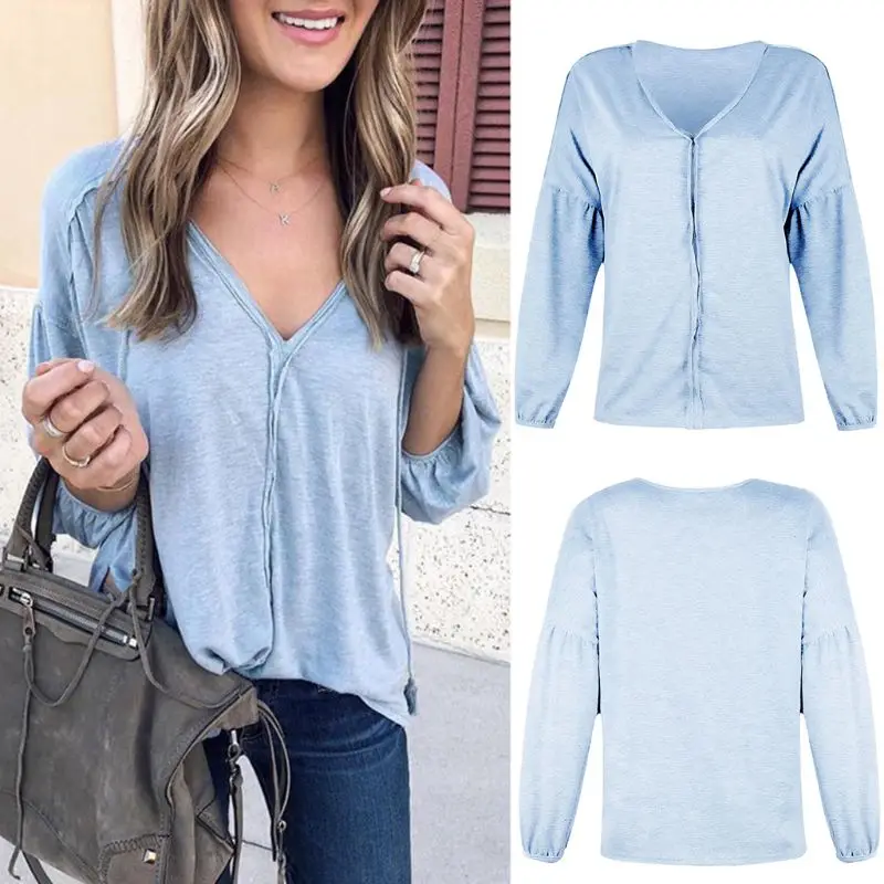 

Women Ladies Oversized Casual V-Neck Top T-Shirt Loose Long Puff Long Sleeve Tee T-Shirt Tops