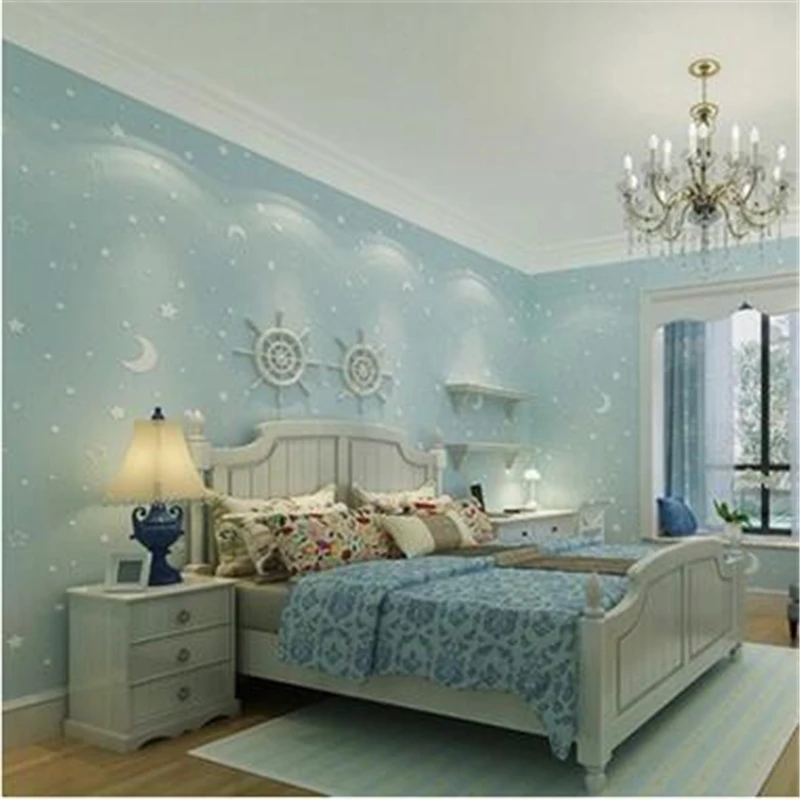 

beibehang New high-grade luminous children's non-woven wallpaper baby bedroom moon stars fluorescent wallpaper papel de parede