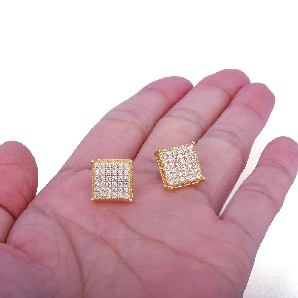 Серьги гвоздики с фианитами золотого цвета 12 х12 мм|drop stud earrings|stud earringssquare earrings |