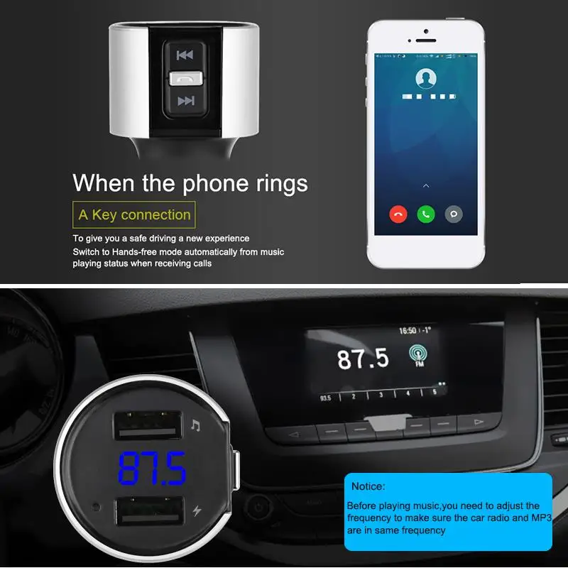 Urbanroad Car USB Mp3 Bluetooth Fm Transmitter Aux Wireless Audio Player Car Kit Handsfree Fm Modulator 3.4A Dual USB Charger