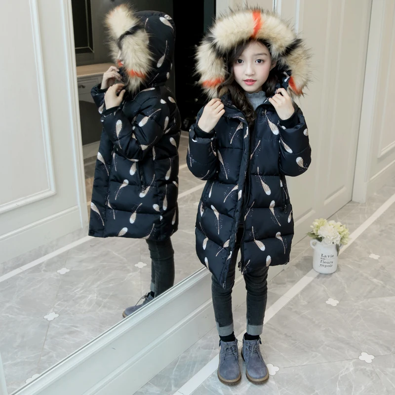 

2018 Fur Hooded Jacket for Girls Kids Snow Wear Parka Thick Winter Jacket for Children Winter Outerwear Coat 4 6 8 10 12 Years