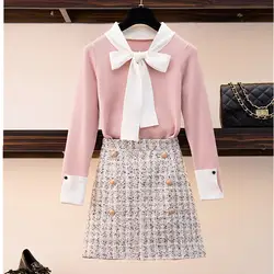 2019 Новинка весны дамы розовый сладкий с длинным рукавом бантом вязаный свитер Двойка для женщин твидовый в клетку двойной однобортная юбка