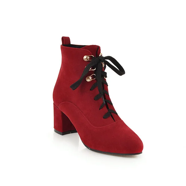 YMECHIC/ г.; зимняя женская обувь в стиле ретро; модные ботинки в байкерском стиле на высоком квадратном каблуке, на шнуровке, с перекрестной шнуровкой; цвет красный, зеленый, коричневый