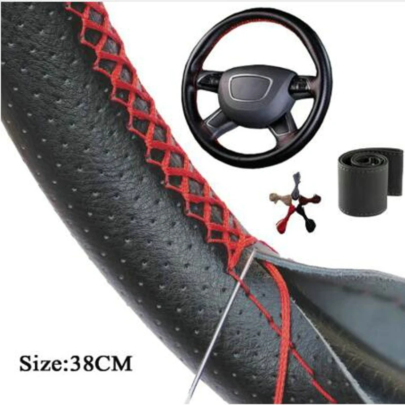

38cm Car Steering Cover DIY Steering Wheel Covers Soft Leather Braid Design With Needle and Thread Interior Kits Four Seasons