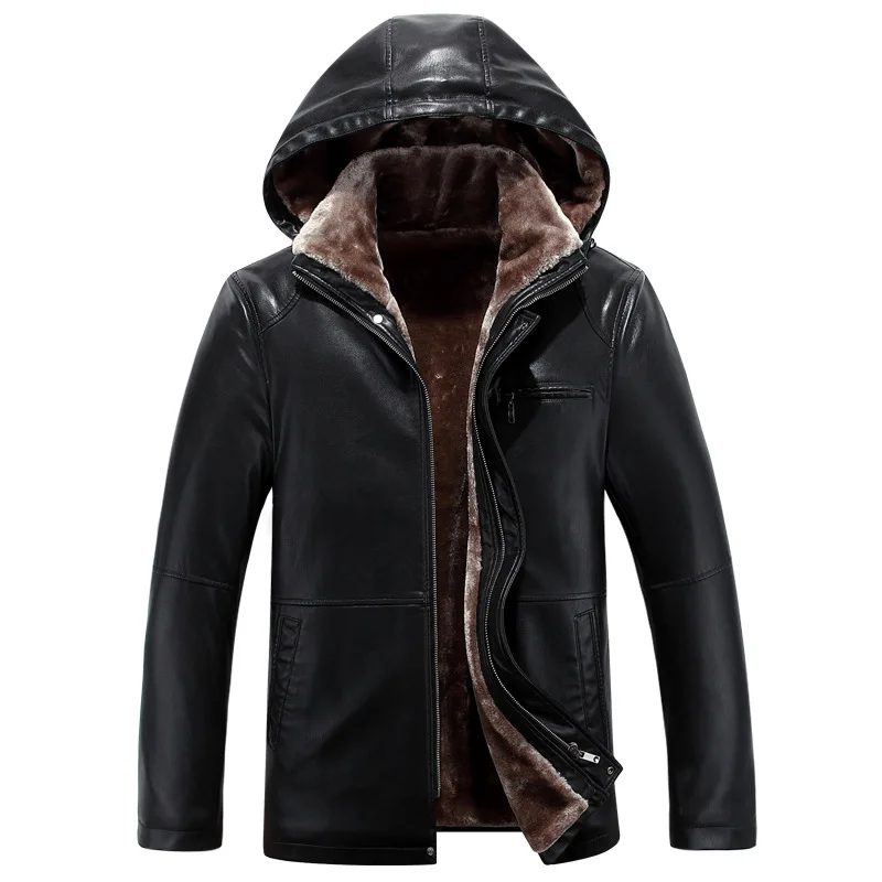 

PU Leather Woolen Liner Men Thickening Coats Winter Warm Overcoats Fur Collar Business Motorcycle Hooded Outerwear Jackets