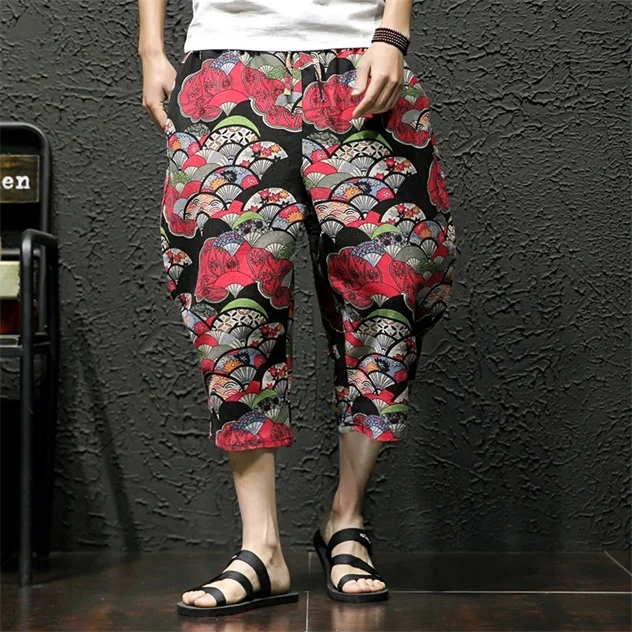 MRDONOO японский стиль до колена хлопок белье шорты размера плюс шаровары широкие брюки Boho повседневные мужские шорты A019 - Цвет: Красный