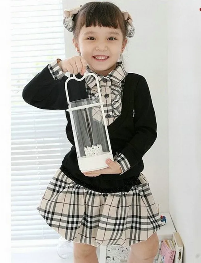 

EMS DHL Free shipping girls Kids Clothing France Style Checker Checked T shirt Skirt 2pc Set Children Suit outfit Plaid Suit