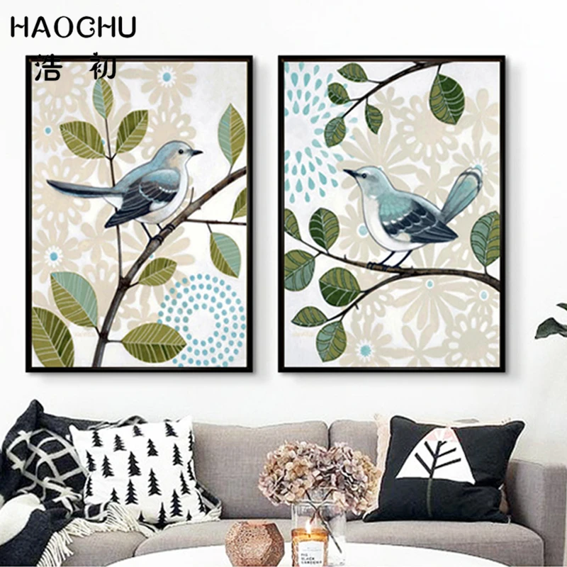 

HAOCHU Lovely Blue Birds Branches Animal Canvas Art Print Painting Wall Poster Pastoral Landscape Modular Picture for Home Decor
