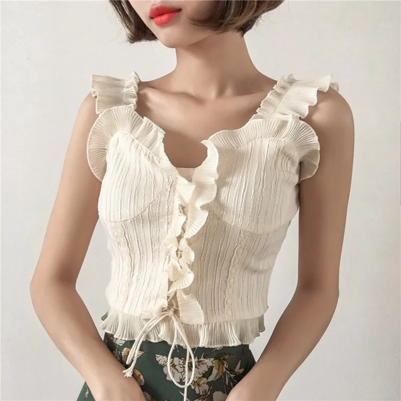 

MUMUZI 2018 Summer New Korea Cropped Tops Sexy V Neck Backless Cami top sleeveless Ruffles Tops Bandage Tank Top