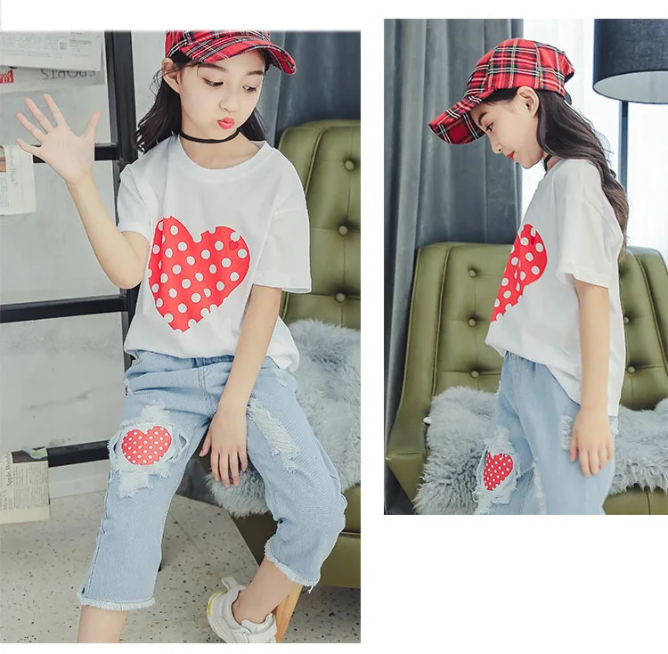 Girls T Shirts Kids  Summer Tops For Baby Girl Short Sleeve Heart Dot Cotton T-Shirt Tees 8 9 10 12 Years Big Girls Clothes (17)