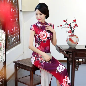 

Noble Womens Sexy Cheongsam 2018 Summer Traditional Chinese style Long Dress Slim Party Dresses Button Rayon Qipao Vestido