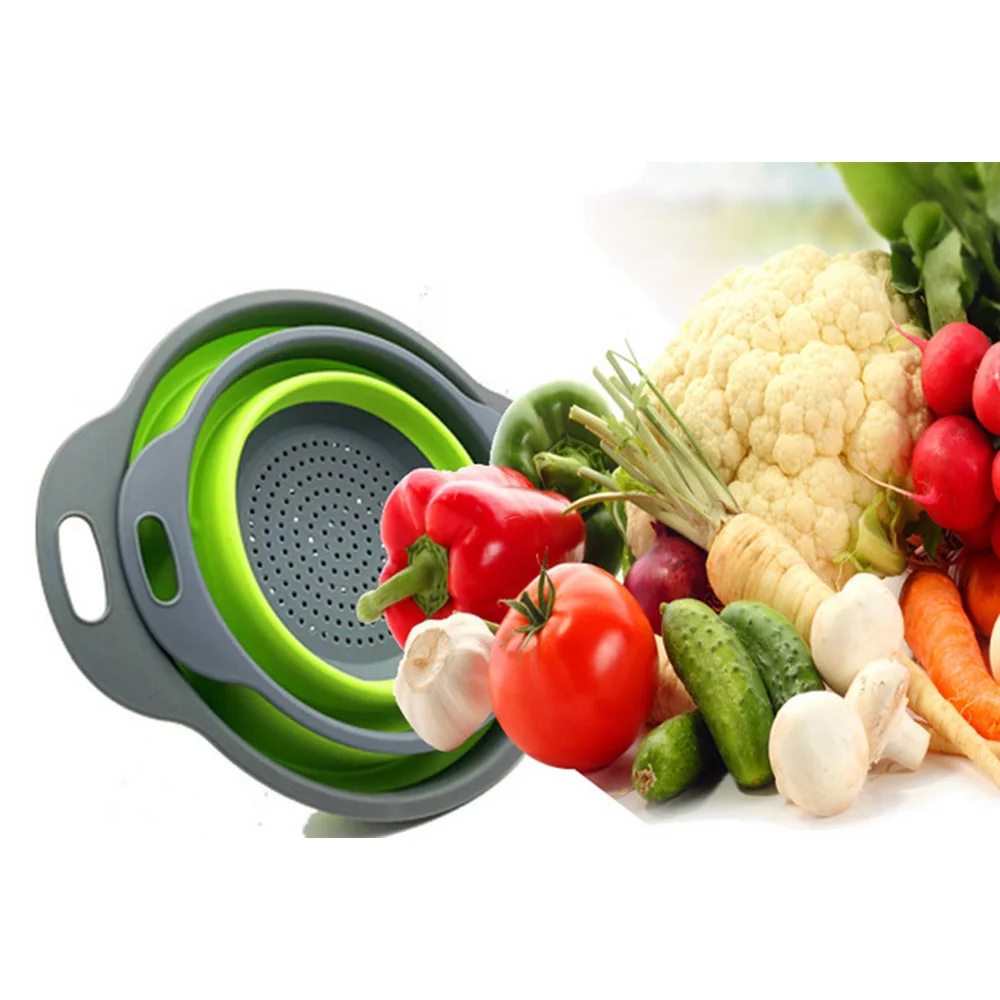 

2Pc Silicone Colanders Folding Drain Basket Creative Retractable Silicone Fruit Vegetable Colander Kitchen Storage Gadgets