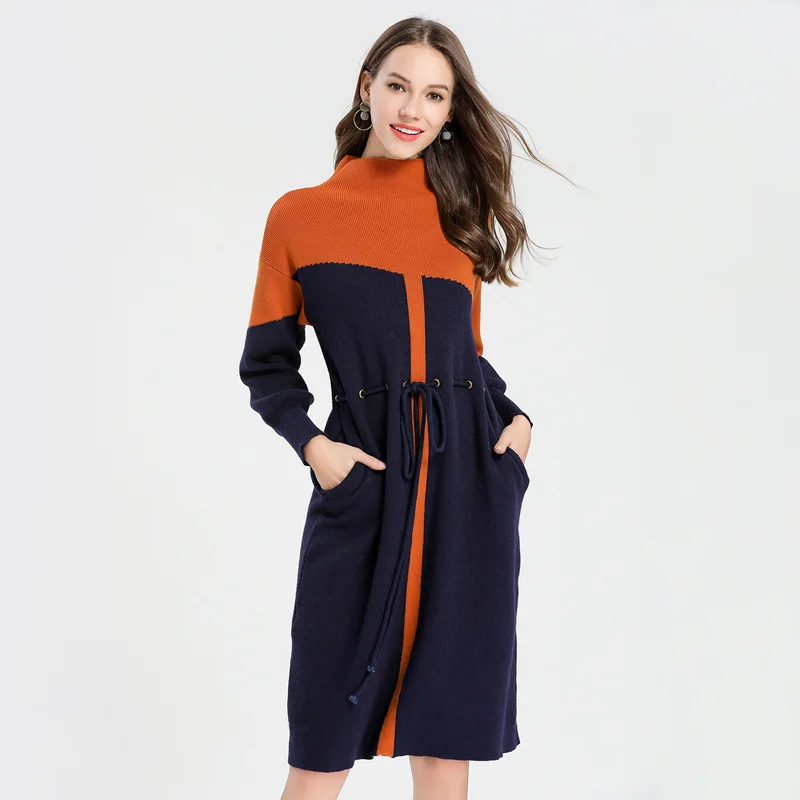 

New Style Dress Half-Turtleneck Kintted Sweater Dress High Quality Women's Dress