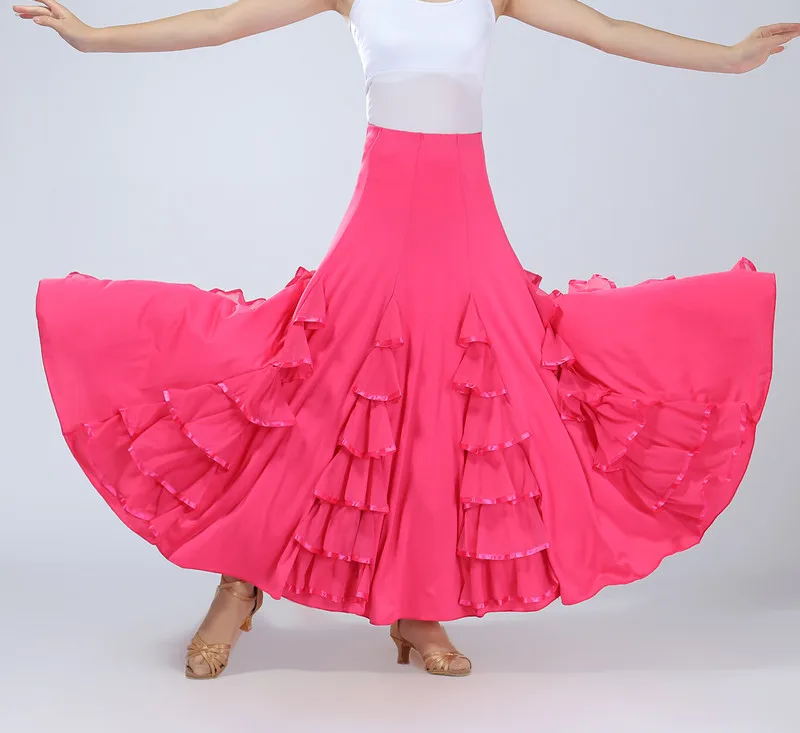 FEECOLOR Spanisch Ballroom Long Swing Skirt Waltz Performance Dancing Stage Costume Dance Wear Multi tiered Decor5 color