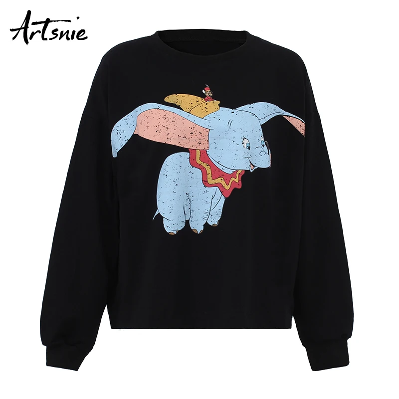  Artsnie Black Casual Knitted Cartoon Sweatshirts Women Spring 2019 O Neck Long Sleeve Oversized Hoo