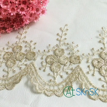 

5 yards/lot 14cm wide black/white color mesh lace trims with gold embroidery egde for garment gown accessory A2