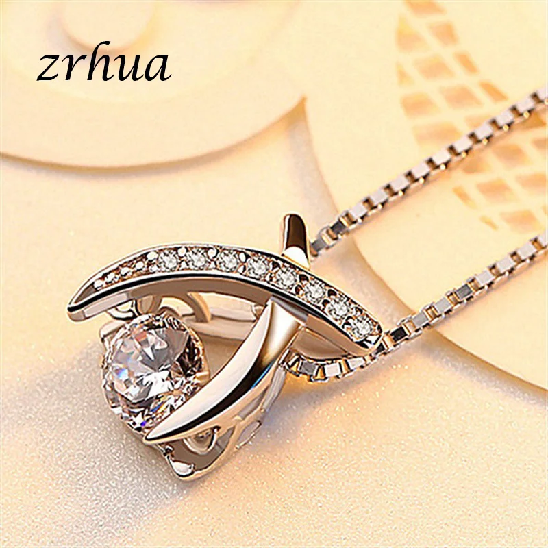 ZRHUA, 925 пробы, серебряное ожерелье, кристалл, длинный кулон, ожерелье для женщин, подарок 45 см, коробка, цепочка, колье, ожерелье, женские подарки