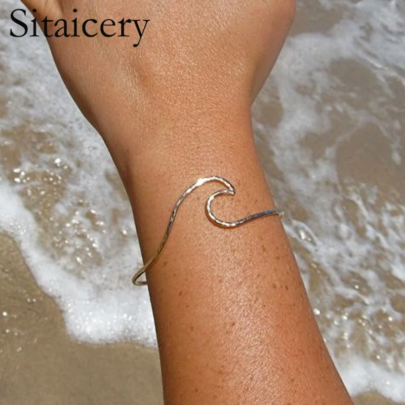 

Sitaicery Bohemian Wave Bracelet Bangle for Women Girl Silver Gold Color Metal Ocean Surfer Summer Bracelets Statement Jewelry