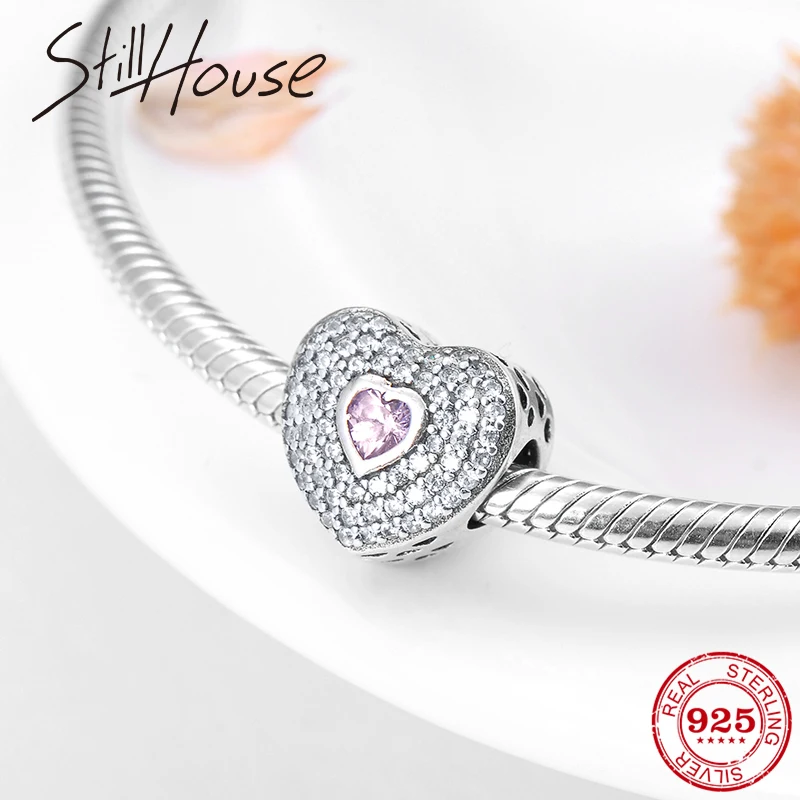 

Mother's Day gift Real 925 Sterling Silver Heart Pink Clear CZ charm beads Fit Original Pandora Charm Bracelet Jewelry making