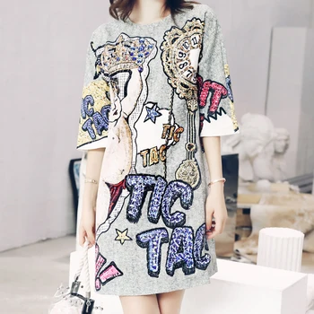 

Runway new heavy work beaded diamond crown retro print dress female 2019 spring and summer loose A word dress high quality