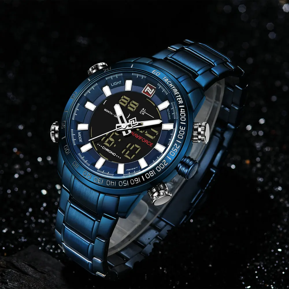 NAVIFORCE Luxury Brand Men Blue Watch 2019 Fashion Quartz Dual Display Watches Stainless Steel Band