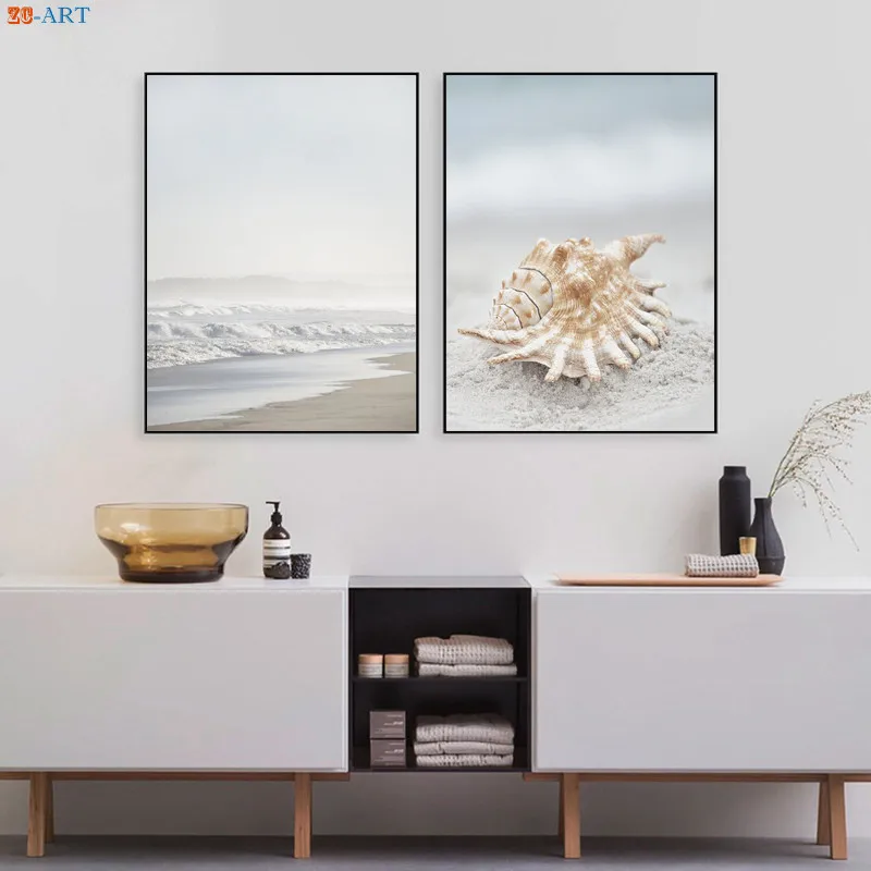 

Seashell Print Sandy Beach Poster Seascape Canvas Painting Pastel Wall Art Nordic Decoration Picture Bathroom Art Nautical Decor