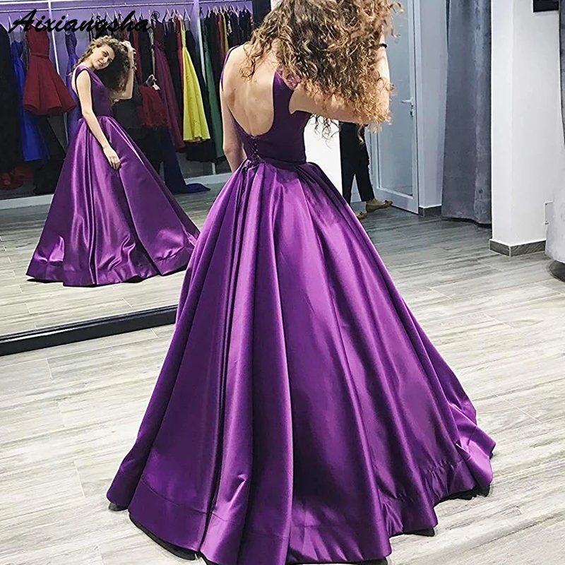 

Simple Purple Evening Dresses Simple Ruched Satin Backless Ball Gown Elegant Long Evening Gowns Party Prom Dress