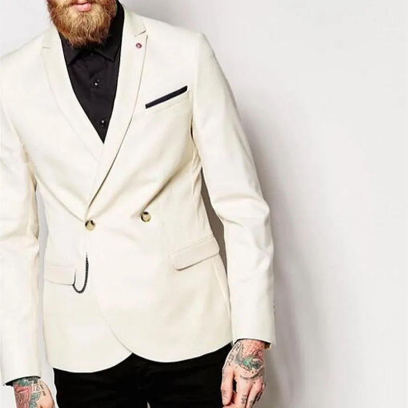 2017 Double Breasted Ivory Men Suit With Black Pants Fashion 2 Pieces