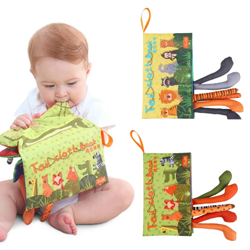 Infantil do bebê Chocalho Brinquedos Infantis Dos Desenhos Animados 3D Cauda Animal Aprendizagem Educacional Livros de Pano Livros de Pano Macio À Prova D Água 10% de desconto