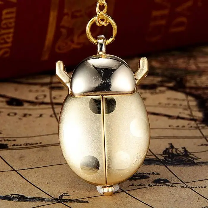 Мода жук форма кварцевые карманные часы цепочки и ожерелья кулон часы Цепочка-украшение подарки LXH