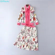 QYFCIOUFU New 2018 Fashion Runway Skirts Suit Set Women’s Long Sleeve Bow Collar Blouse Floral Print Pleated Skirt Two Piece Set