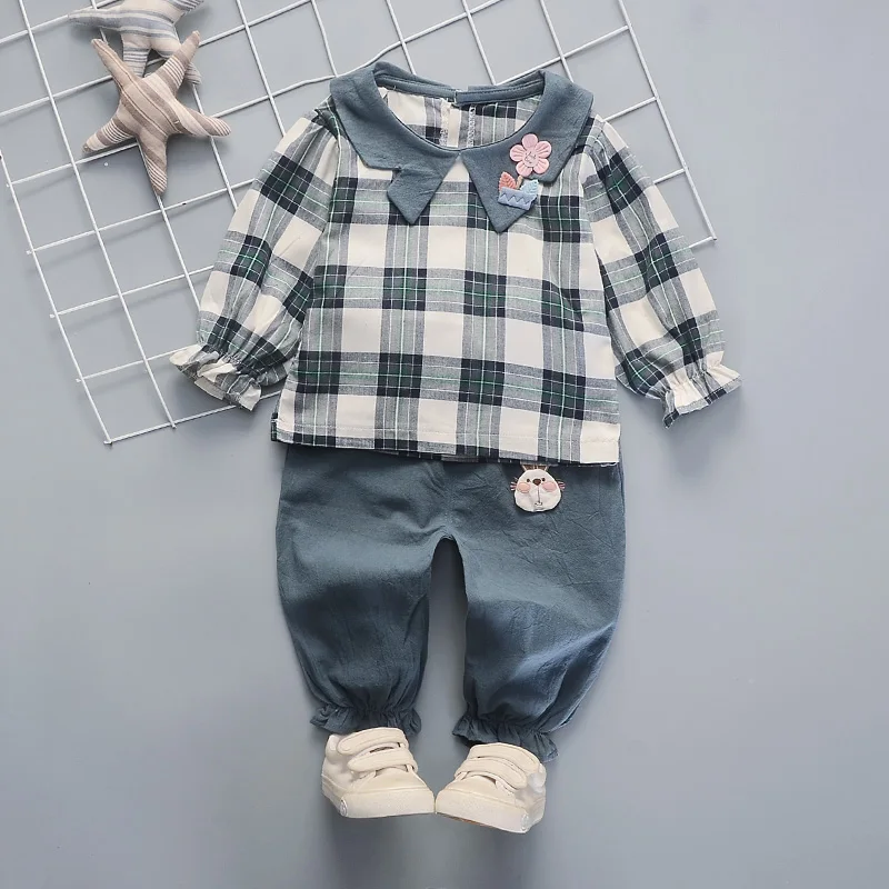 

DIIMUU 2Pcs Kids Fashion Baby Girls Clothing Toddler Clothes Long Sleeve Plaid Tops Casual Cotton Cartoon Suits