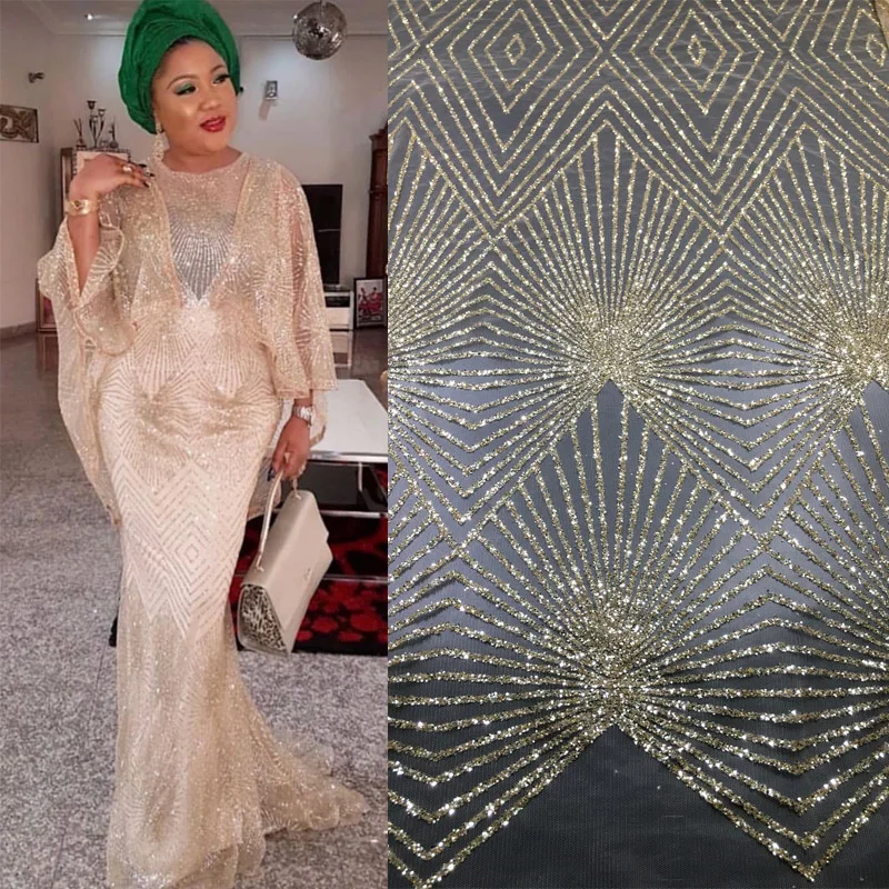 

Silver and gold colors African French Lace Fabric High Quality African Tulle Lace Fabric with Glued glitter sequins M1690