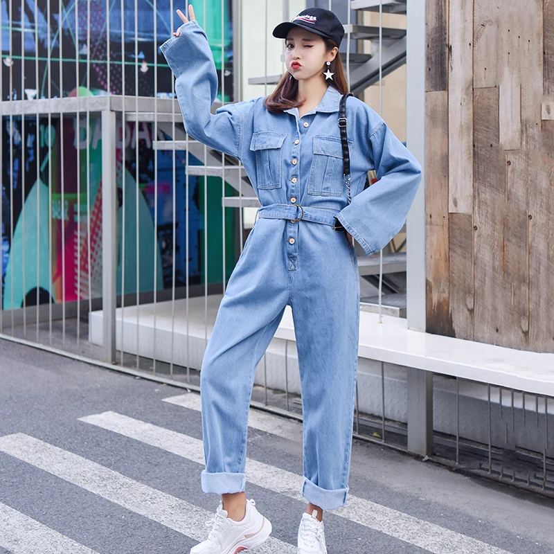 

Fashion Streetwear Style Denim Overalls Women 2019 Autumn Long Sleeve Bodysuit High Waist Jeans Bodycon Romper Wide Leg Jumpsuit