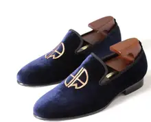 New 2018 Blue Velvet Man Casual Loafers Shoes Flats Slip on Handmade Formal Business Shoes Genuine