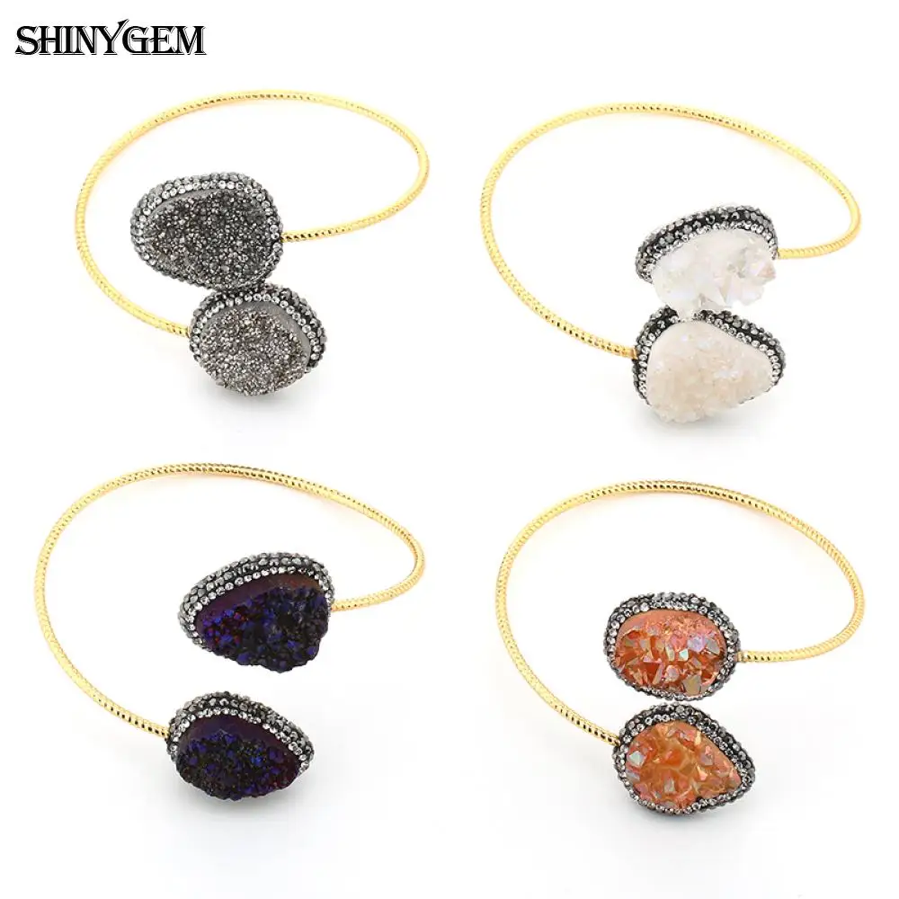 ShinyGem Золотой Цвет Twist Druzy браслеты большой неправильный циркон браслет с камнями Друза регулируемые открытые манжеты браслеты для женщин