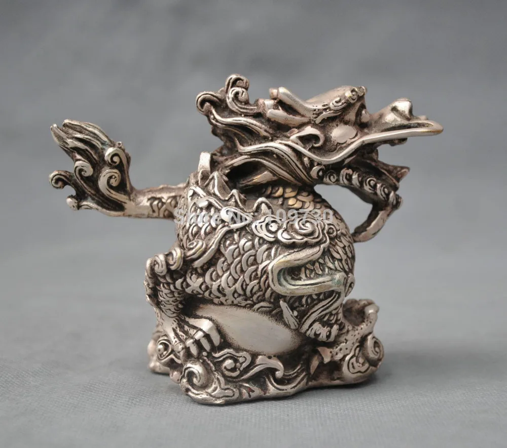 bir 001311 5'' China Silver Bronze Feng Shui Zodiac Dragon Auspicious