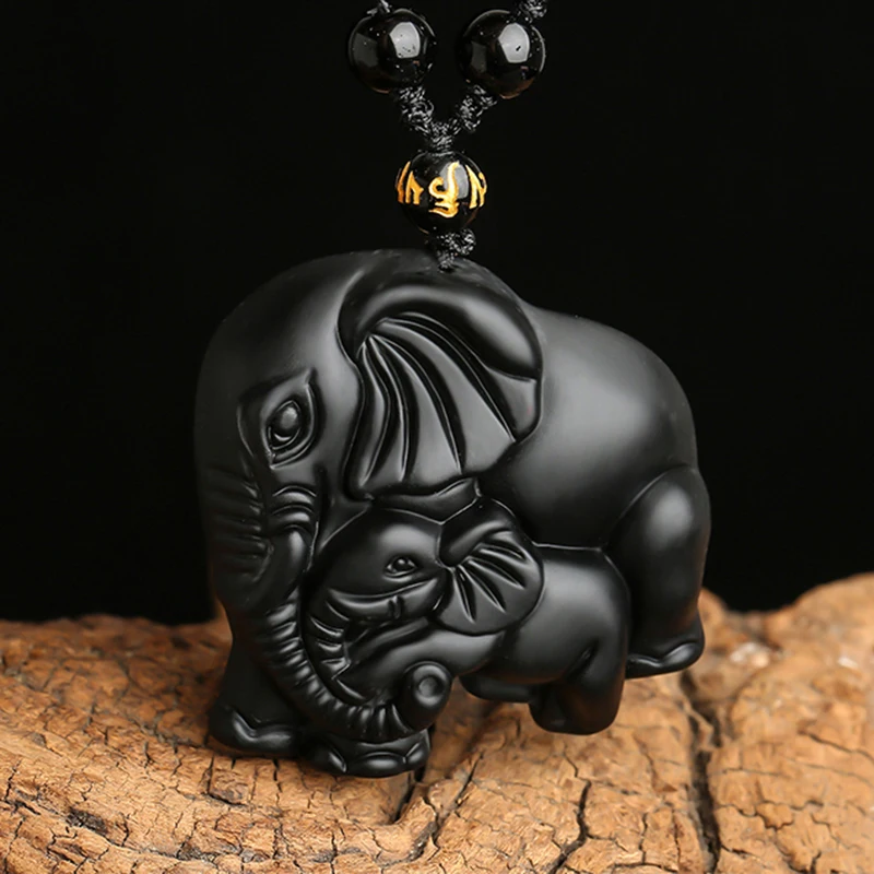 Животное кулон ожерелье ручной работы натуральный черный обсидиан резные мать ребенок милый слон мужчины амулет Lucky ювелирные изделия, цепочка с подвеской