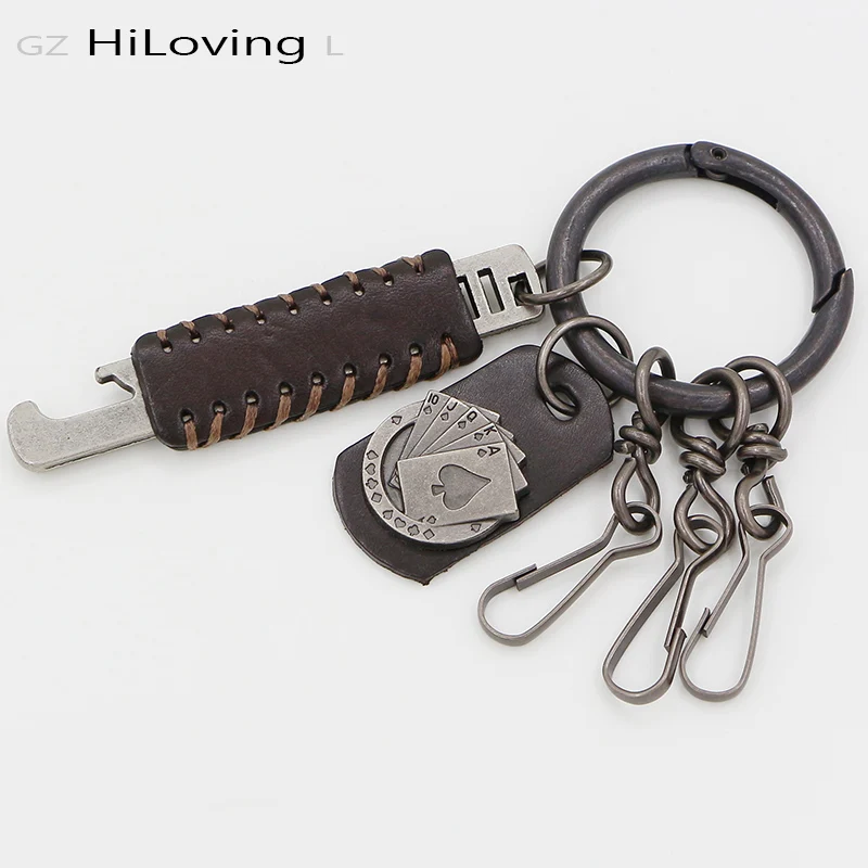 

2016 Fashion Mens Keychain Handmade Genuine Leather Open Bottle Key Chain Solid Metal Cool Key Ring For Key Male Key Holder