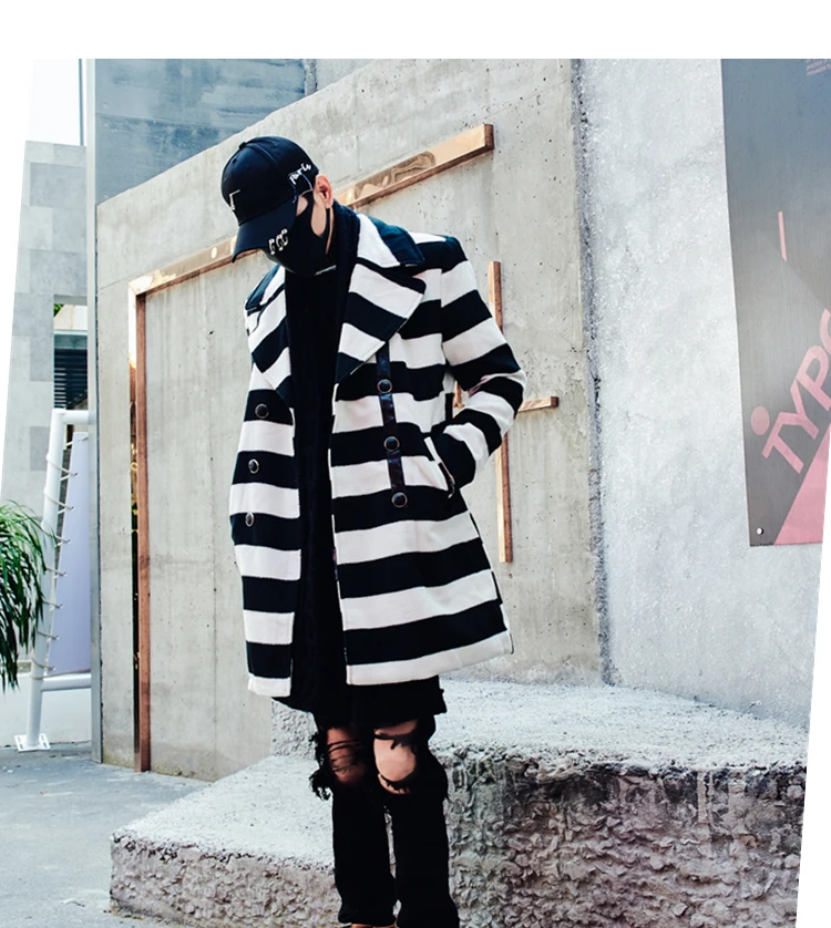 New Arrival Darkly Western Style Fashion Slim Mens Mid-Long Wool coat Hip Hop Autumn Male Casual Striped Overcoats Streetwear