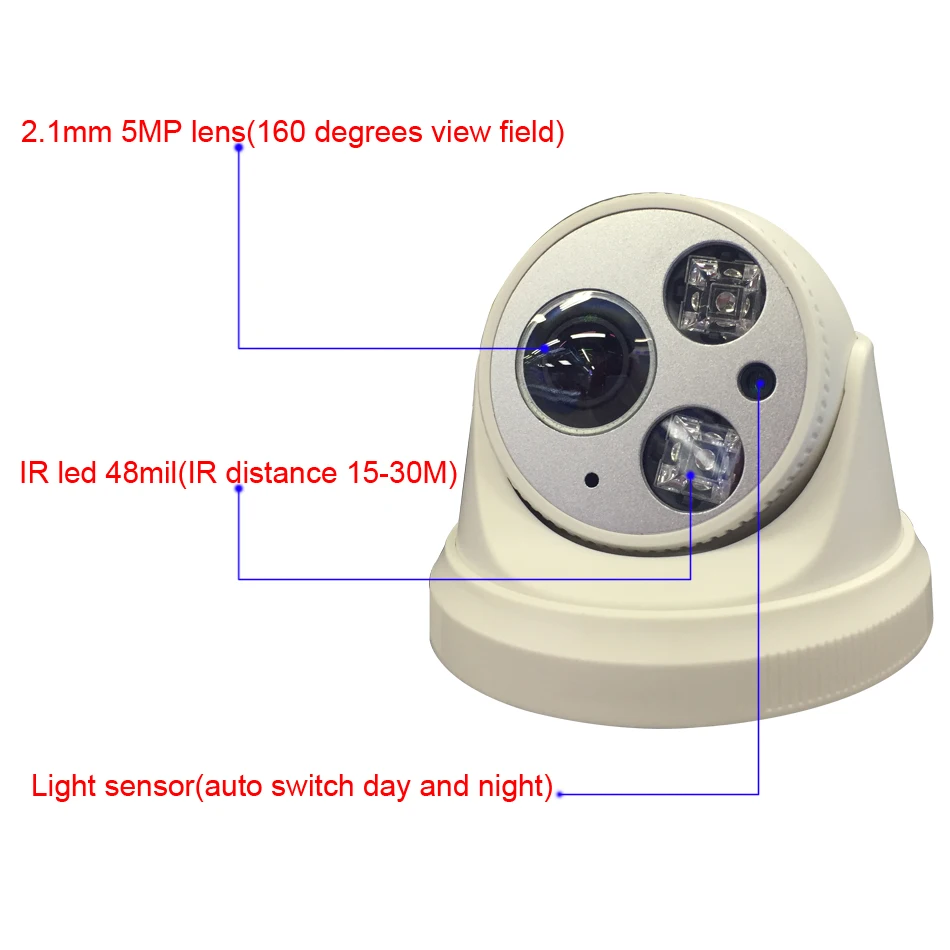 AHD 5MP SONY IMX326 CMOS Sensor AHD-H Indoor Dome With 2.1mm lens 2 Array IR leds IR Cut Night Vision CCTV Surveillance Cameras 