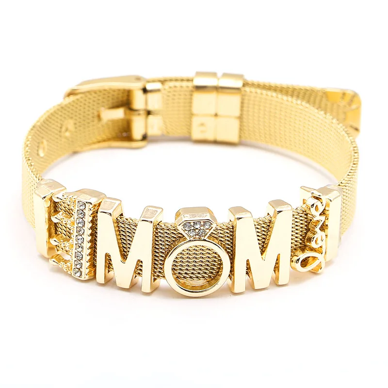 Модные женские сетчатые браслеты со стразами из нержавеющей стали, тонкие браслеты с регулируемым браслетом для мамы, подарки на день матери - Окраска металла: D010