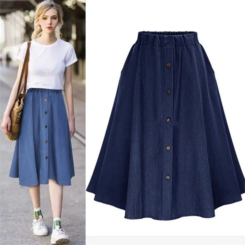 

2019 Spring Summer Fashion Women Skirt Vintage Retro Elastic Waist Skirt Denim Flared Belt Mid Skirt Saia Femininas