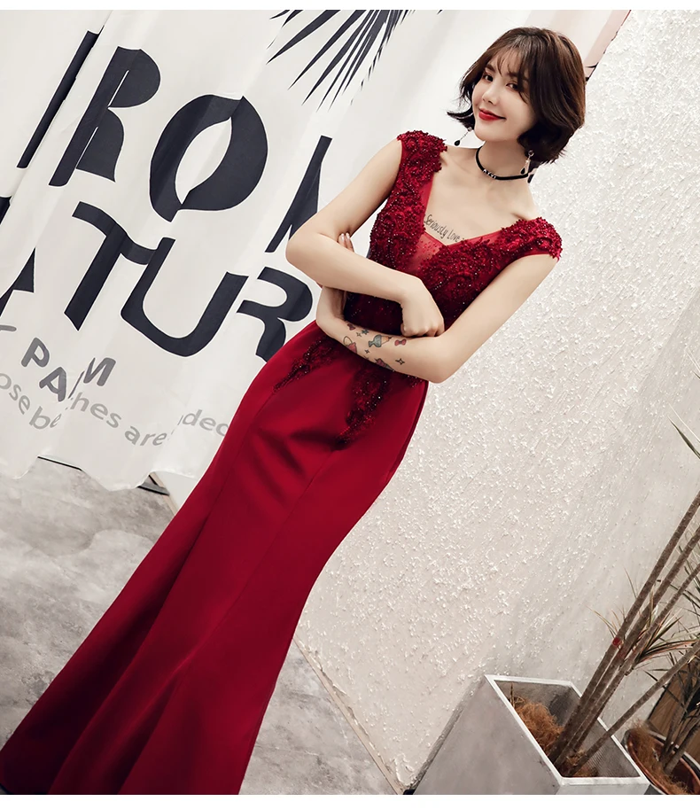 Новое одеяло «хвост русалки» Из вечернее платье с аппликацией Бисер v-образным вырезом развертки поезд цвет красного вина для выпускного вечера вечерние платье для выпускного вечера; Robe De Soiree Haute Couture