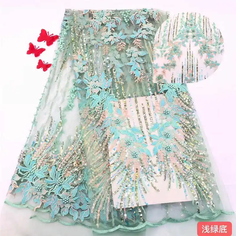 

african lace fabric 2019 Hot Sale High-grade embroidery beaded lace french tulle mesh lace fabric with beads For Wedding FJA22-2