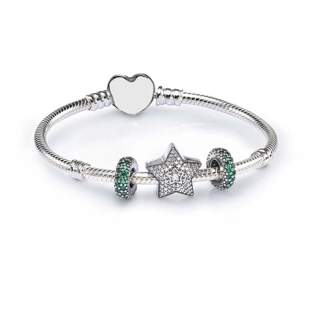 

100% 925 Sterling Silver SALE - PAVE WISHING STAR CHARM BRACELET SET fit DIY Original Charm Bracelet Jewelry A Set Of Prices