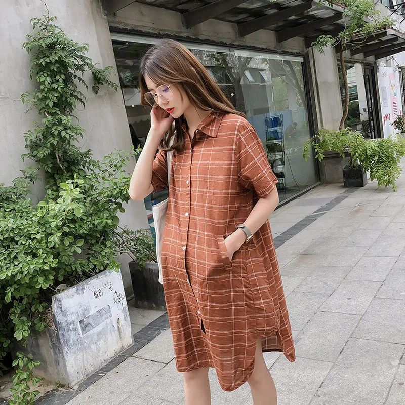 Летние Новые платья для беременных Vestido, платье для беременных, клетчатая рубашка для беременных, свободная Длинная блузка в стиле ретро