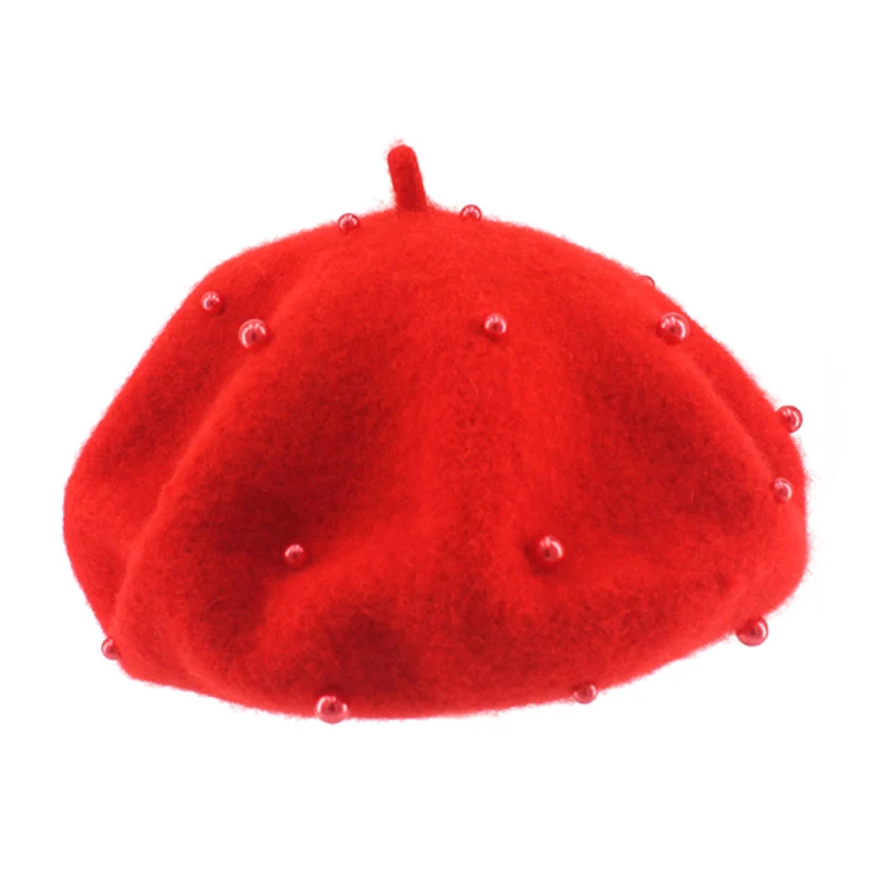 Модная шерстяная детская шапка с жемчугом, карамельный цвет, Ретро стиль, шапка для маленьких девочек, детский берет, шапки для девочек от 3 до 8 лет, 1 предмет - Цвет: Red