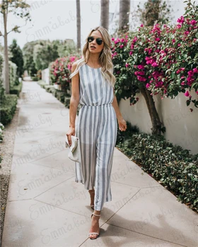 

New Fashion Womens Casual Jumpsuit Striped High Waist Clubwear Playsuit Sleeveless Wide Leg Spring Autumn Long Trousers