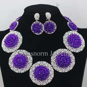 

Purple Chunky Bib Beads Necklace Earrings Set African Indian Costume Women Party Jewelry Set Brides Gift Set WA034
